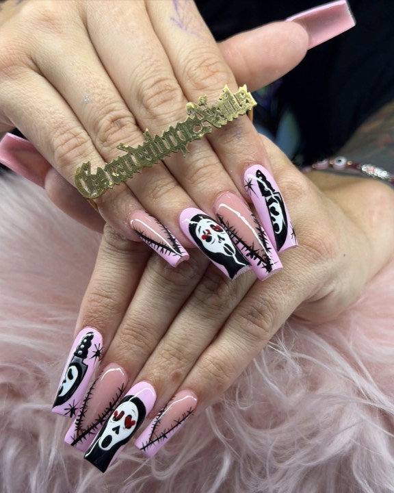 Pink coffin nails with hand-painted Ghostface Halloween art