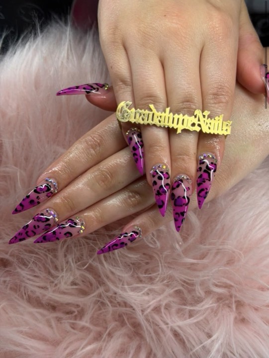 Magenta stiletto nails with black leopard print