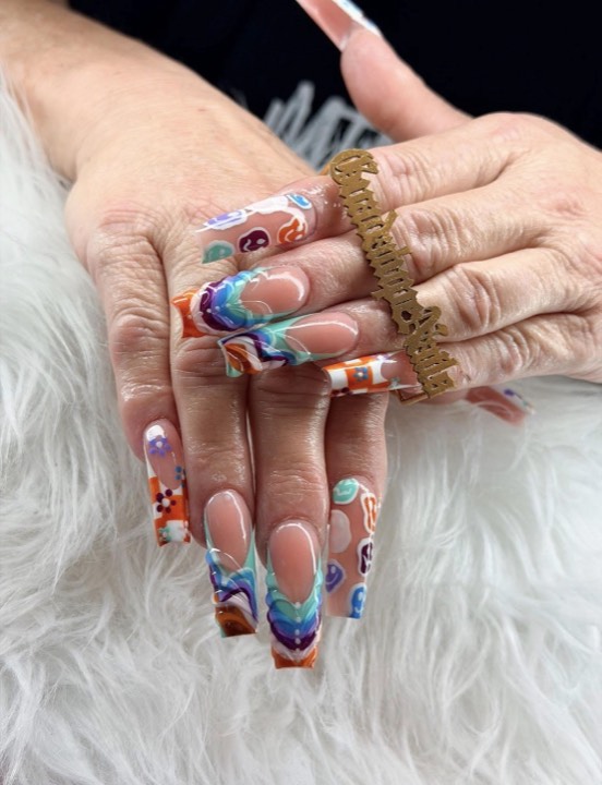 Long coffin nails with retro multicolor swirl art