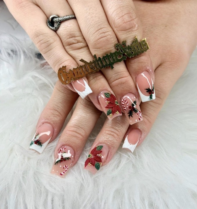 Square French tips with hand-painted poinsettias and candy canes