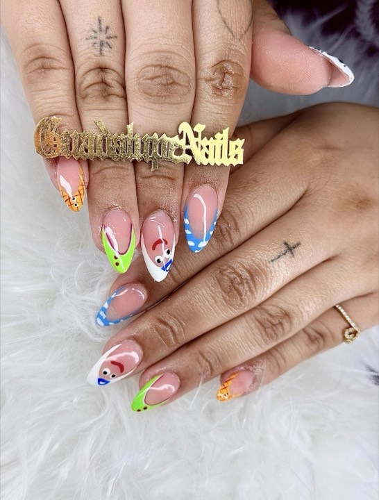Almond nails with colorful, playful character French tips